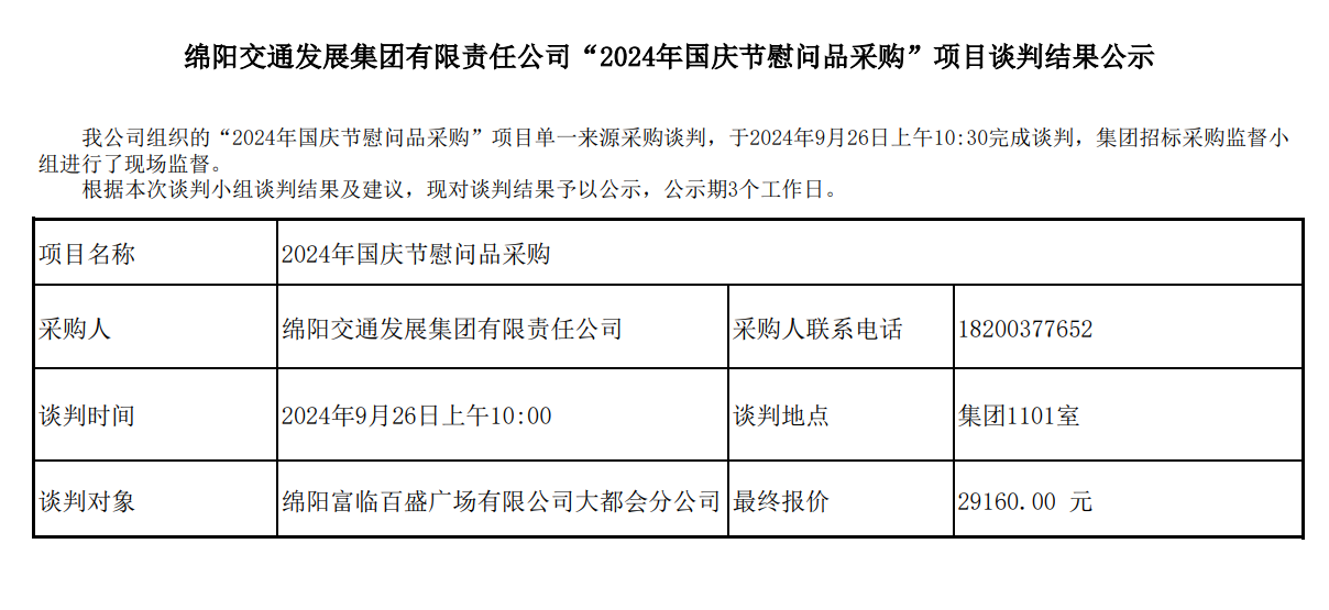 绵阳交通发展集团有限责任公司“2024年国庆节慰问品采购”项目谈判结果公示.png